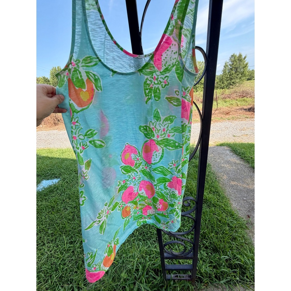 Lilly Pulitzer‎ Womens Blue Pink Citrus Floral Cotton Slub Knit Tank Top Medium